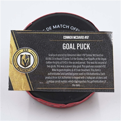 Connor McDavid - Edmonton Oilers - Goal Puck - May 6, 2023 vs. Vegas Golden Knights (Knights Stanley Cup Playoffs Logo)