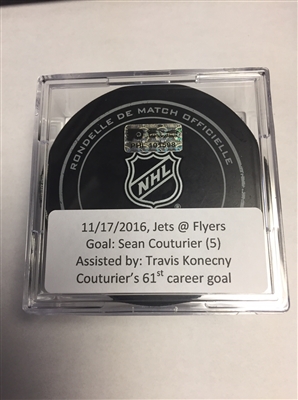 Sean Couturier - Philadelphia Flyers - Goal Puck - November 17, 2016 vs. Winnipeg Jets (Flyers Heritage Night Logo)