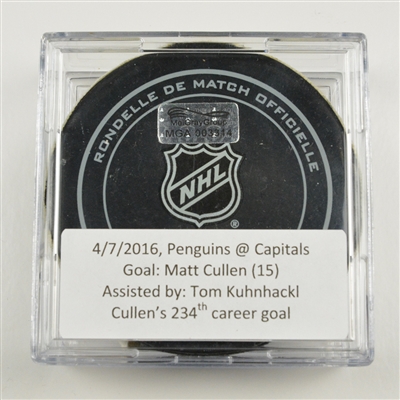 Matt Cullen - Pittsburgh Penguins - Goal Puck - April 7, 2016 vs. Washington Capitals (Capitals Logo)