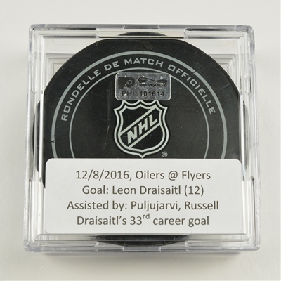 Leon Draisaitl - Edmonton Oilers - Goal Puck -  December 8, 2016 vs. Philadelphia Flyers (Flyers Heritage Night Logo)
