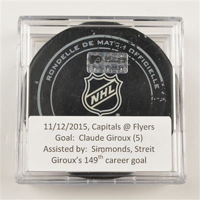 Claude Giroux - Philadelphia Flyers - Goal Puck - November 12, 2015 vs. Washington Capitals (Flyers Logo)