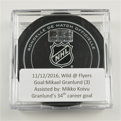 Mikael Granlund - Minnesota Wild - Goal Puck - November 12, 2016 vs. Philadelphia Flyers (Flyers Logo)