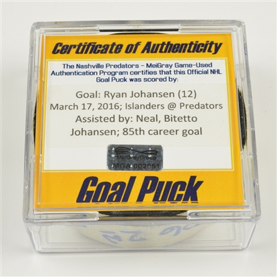 Ryan Johansen - Nashville Predators - Goal Puck - March 17, 2016 vs. New York Islanders (Predators logo)