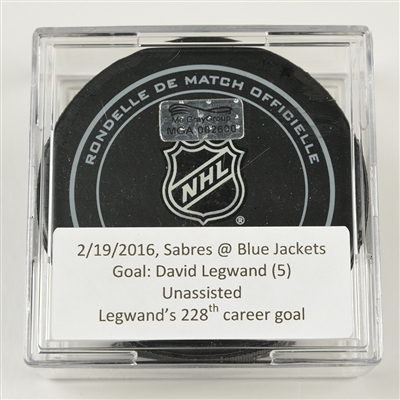 David Legwand - Buffalo Sabres - Goal Puck - February 19, 2016 vs. Columbus Blue Jackets (Blue Jackets Logo)