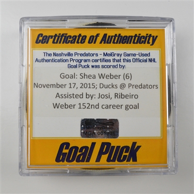 Shea Weber - Nashville Predators - Goal Puck - November 17, 2015 vs. Anaheim Ducks (Predators Logo) - MGA001936
