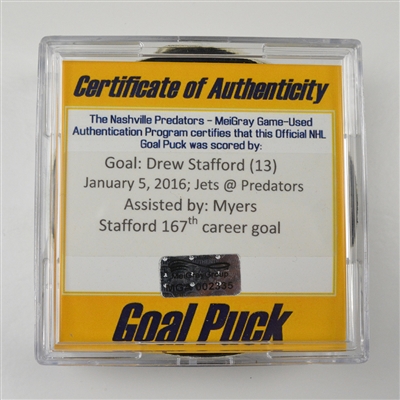 Drew Stafford - Winnipeg Jets - Goal Puck - January 5, 2016 vs. Nashville Predators (Predators Logo) - MGA002335
