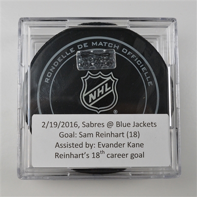 Sam Reinhart - Buffalo Sabres - Goal Puck - February 19, 2016 vs. Columbus Blue Jackets (Blue Jackets Logo) - MGA002599