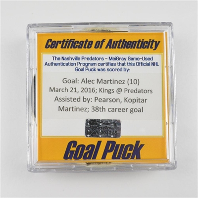 Alec Martinez - Los Angeles Kings - Goal Puck - March 21, 2016 vs. Nashville Predators (Predators logo)
