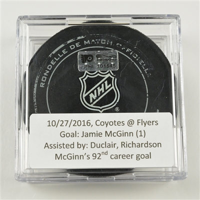 Jamie McGinn - Arizona Coyotes - Goal Puck - October 27, 2016 vs. Philadelphia Flyers (Flyers Heritage Night Logo)