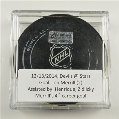 Jon Merrill - New Jersey Devils - Goal Puck - December 13, 2014 vs. Dallas Stars (Stars Logo)
