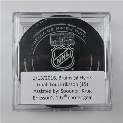 Loui Eriksson - Boston Bruins - Goal Puck - January 13, 2016 vs. Philadelphia Flyers (Flyers Logo) - PHI100879
