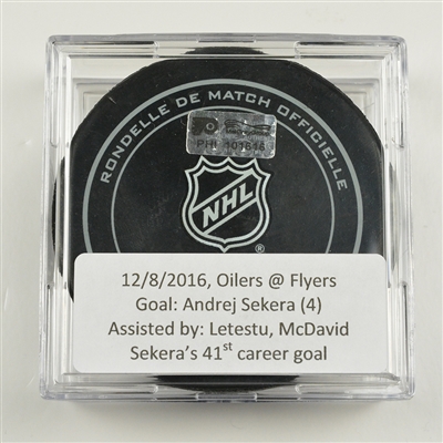 Andrej Sekera - Edm. Oilers - Goal Puck - McDavid Assist - Dec. 8, 2016 vs. Phila. Flyers (Flyers Heritage Night Logo)