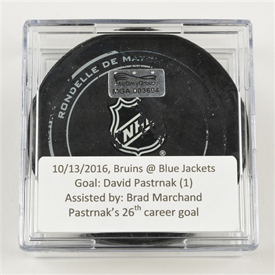 David Pastrnak - Boston Bruins - Goal Puck - October 13, 2016 vs. Columbus Blue Jackets (Blue Jackets Logo)