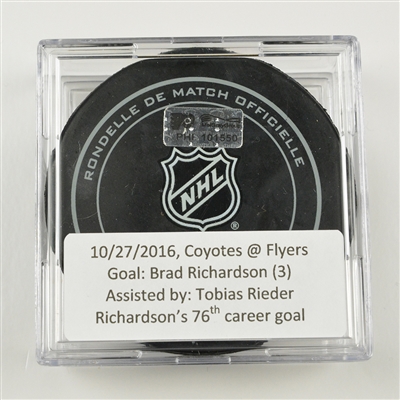 Brad Richardson - Arizona Coyotes - Goal Puck -  October 27, 2016 vs. Philadelphia Flyers (Flyers Heritage Night Logo)