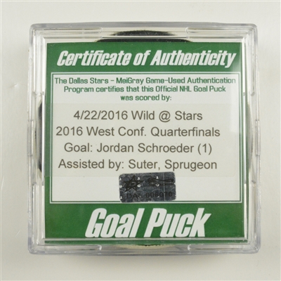 Jordan Schroeder - Minnesota Wild - Goal Puck - Game 5 - West Conf. Quarterfinals - April 22, 2016 vs. Dallas Stars (Stars Logo)