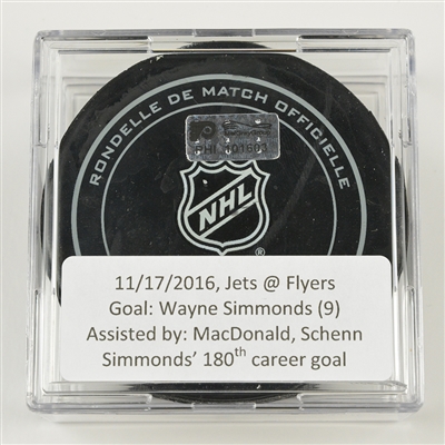 Wayne Simmonds - Philadelphia Flyers - Goal Puck - November 17, 2016 vs. Winnipeg Jets (Flyers Heritage Night Logo)