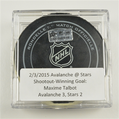 Maxime Talbot - Colorado Avalanche - Goal Puck (Shootout-Winning Goal) - Game 4 - Febraury 3, 2015 vs Dallas Stars (Stars Logo)