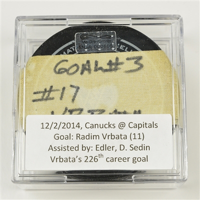 Radim Vrbata - Vancouver Canucks - Goal Puck - December 2, 2014 vs. Washington Capitals (Capitals 40th Anniversary Logo)