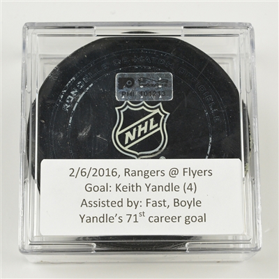 Keith Yandle - New York Rangers - Goal Puck - February 6, 2016 vs. Philadelphia Flyers (Flyers Logo)