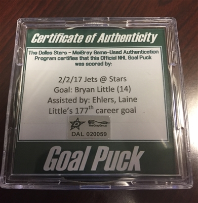Bryan Little - Winnipeg Jets - Goal Puck (Laine Assist) -  February 2, 2017 vs. Dallas Stars (Stars Logo)