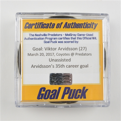 Viktor Arvidsson - Nashville Predators - Goal Puck - March 20, 2017 vs. Arizona Coyotes (Predators Logo)