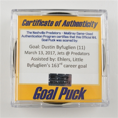 Dustin Byfuglien - Winnipeg Jets - Goal Puck - March 13, 2017 vs. Nashville Predators (Predators Logo)