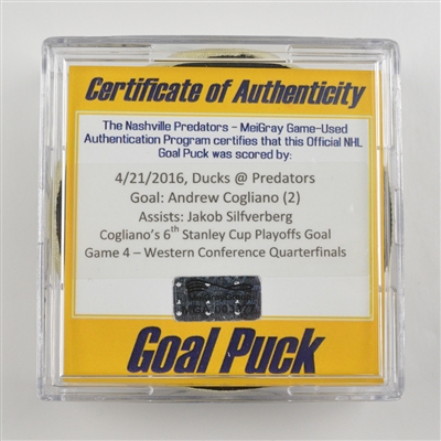 Andrew Cogliano - Anaheim Ducks - Goal Puck - Game 4 - West. Conf. Quarterfinals - Apr. 21, 2016 vs. Predators (Predators logo)