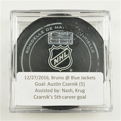 Austin Czarmik - Boston Bruins - Goal Puck - December 27, 2016 vs. Columbus Blue Jackets (Blue Jackets Logo)