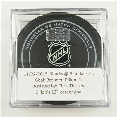 Brenden Dillon - San Jose Sharks - Goal Puck - November 22, 2015 vs. Columbus Blue Jackets (Blue Jackets Logo)