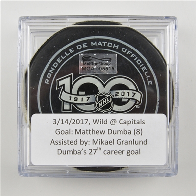 Mathew Dumba - Minnesota Wild - Goal Puck - March 14, 2017 vs. Washington Capitals (Capitals Logo)
