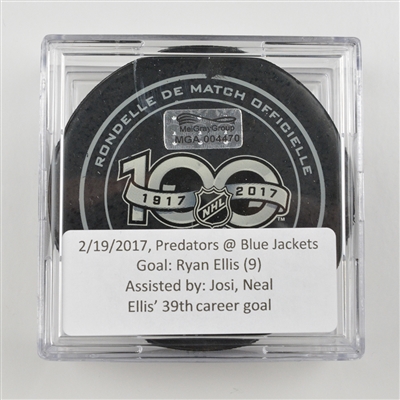 Ryan Ellis - Nashville Predators - Goal Puck - February 19, 2017 vs. Columbus Blue Jackets (Blue Jackets Logo)