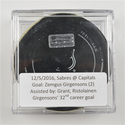 Zemgus Girgensons - Buffalo Sabres - Goal Puck - December 5, 2016 vs. Washington Capitals (Capitals Logo)