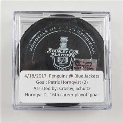 Patric Hornqvist - Pittsburgh Penguins - Goal Puck - April 18, 2017 vs. Columbus Blue Jackets (Blue Jackets Logo)