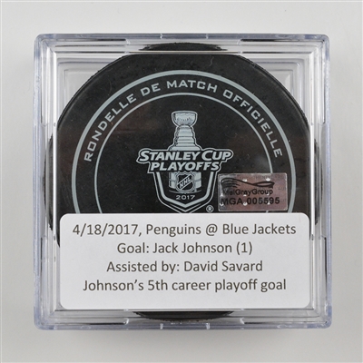 Jack Johnson - Columbus Blue Jackets - Goal Puck - April 18, 2017 vs. Pittsburgh Penguins (Blue Jackets Logo)