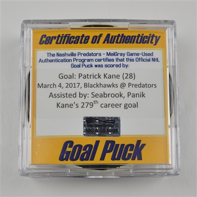 Patrick Kane - Chicago Blackhawks - Goal Puck - March 4, 2017 vs. Nashville Predators (Predators Logo)