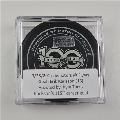Erik Karlsson - Ottawa Senators - Goal Puck - March 28, 2017 vs. Philadelphia Flyers (Flyers Logo)