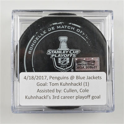 Tom Kuhnhackl - Pittsburgh Penguins - Goal Puck - April 18, 2017 vs. Columbus Blue Jackets (Blue Jackets Logo)