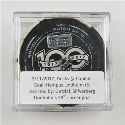 Hampus Lindholm - Anaheim Ducks - Goal Puck - February 11, 2017 vs. Washington Capitals (Capitals Logo)