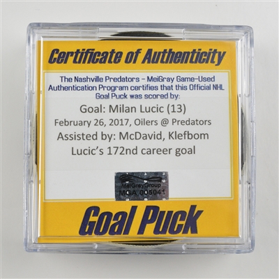 Milan Lucic - Edmonton Oilers - Goal Puck (McDavid Assist)- February 26, 2017 vs. Edmonton Oilers (Predators Logo)