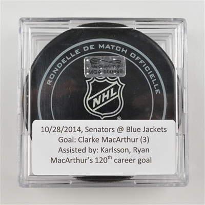 Clarke MacArthur - Ottawa Senators - Goal Puck - October 28, 2014 vs. Columbus Blue Jackets (Blue Jackets Logo)