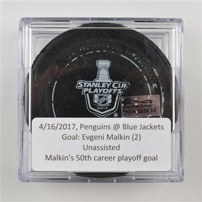 Evgeni Malkin - Pittsburgh Penguins - Goal Puck - April 16, 2017 vs. Columbus Blue Jackets (Blue Jackets Logo)