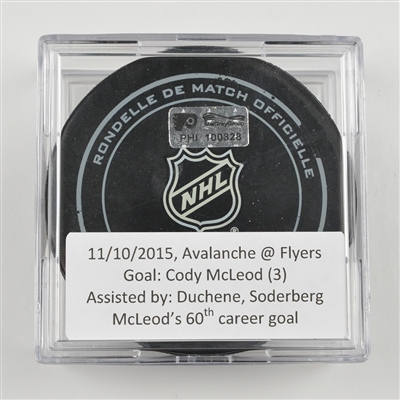 Cody McLeod - Colorado Avalanche - Goal Puck - November 10, 2015 vs. Philadelphia Flyers (Flyers Logo)