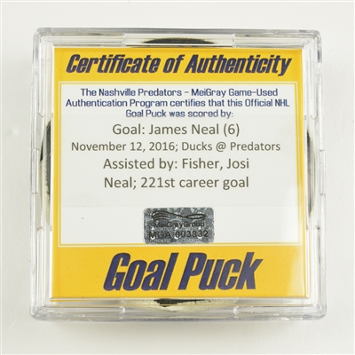 James Neal - Nashville Predators - Goal Puck - November 12, 2016 vs. Anaheim Ducks  (Predators Logo)