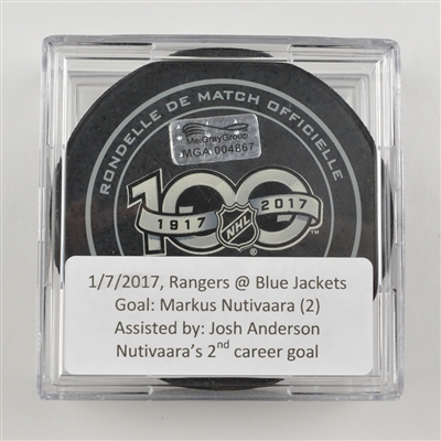 Markus Nutivaara - Columbus Blue Jackets - Goal Puck - January 7, 2017 vs. New York Rangers (Blue Jackets Logo)