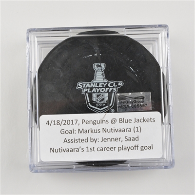 Markus Nutivaara - Columbus Blue Jackets - Goal Puck (1st Career Playoff Goal)  - April 18, 2017 vs. Penguins (Blue Jackets Logo)
