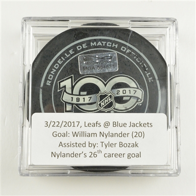 William Nylander - Toronto Maple Leafs - Goal Puck - March 22, 2017 vs. Columbus Blue Jackets (Blue Jackets Logo)