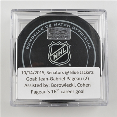 Jean-Gabriel Pageau - Ottawa Senators - Goal Puck - October 14, 2015 vs. Columbus Blue Jackets (Blue Jackets Logo)