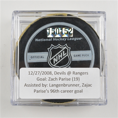 Zach Parise - New Jersey Devils - Goal Puck - December 27, 2008 vs. New York Rangers (Rangers Logo)
