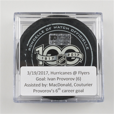 Ivan Provorov - Philadelphia Flyers - Goal Puck - March 19, 2017 vs. Carolina Hurricanes (Flyers Logo)