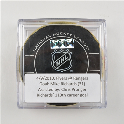 Mike Richards - Philadelphia Flyers - Goal Puck - April 9, 2010 vs. New York Rangers (Rangers Logo)